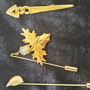 Trio Of Goldtone Lapel/stick Pins, Leaf, Dangle,